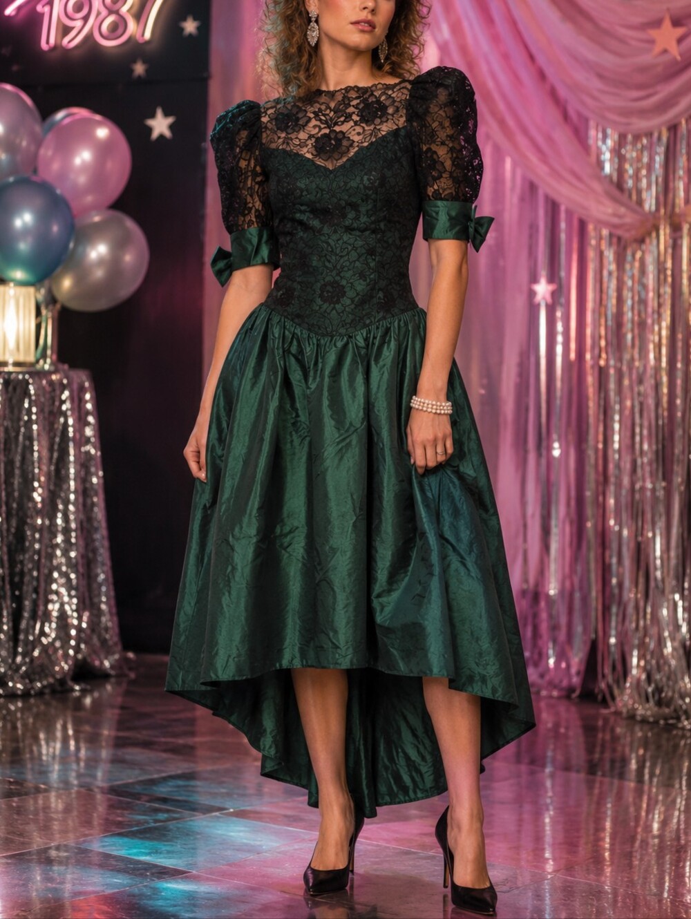 Dance Allure Vintage 80s Green Taffeta Bridesmaid Party Prom Dress sz 11/12